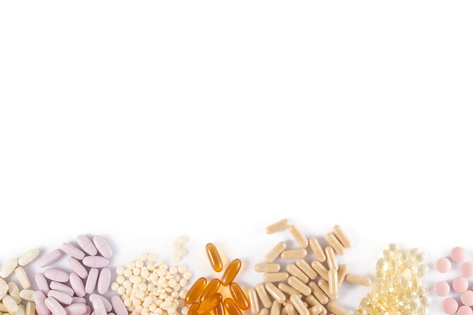 Various dietary supplement formats including capsules, softgels, and tablets arranged vertically on a white background.