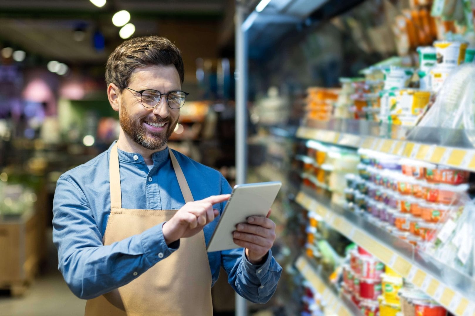 Grocery store worker using a digital tablet to manage refrigerated inventory