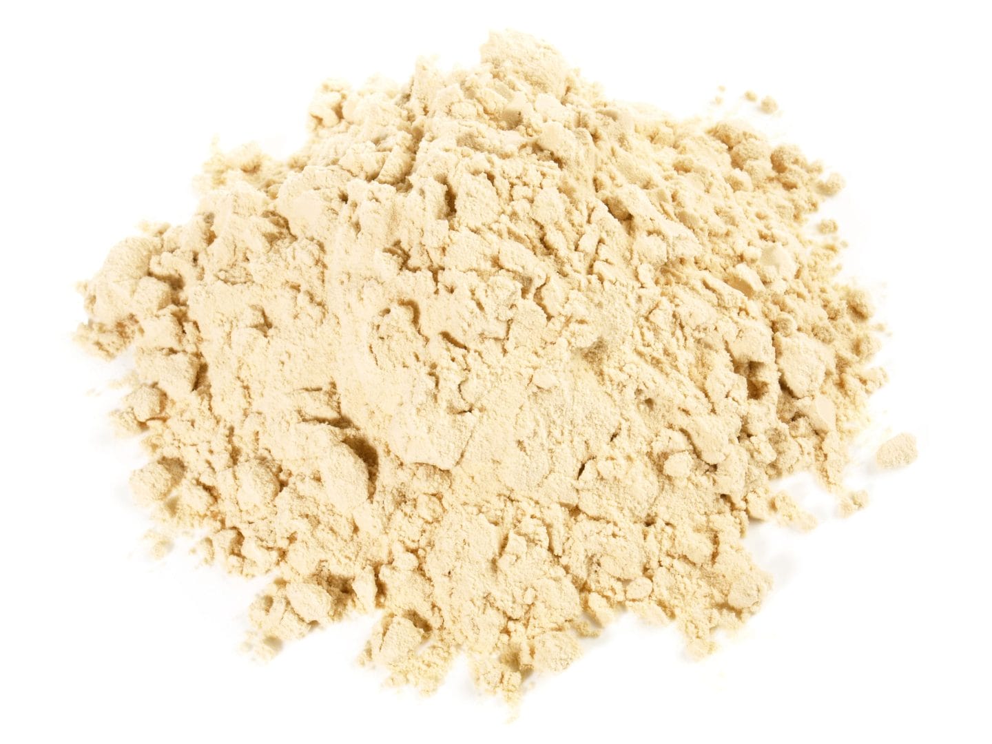 Beige plant-based supplement powder on white background.